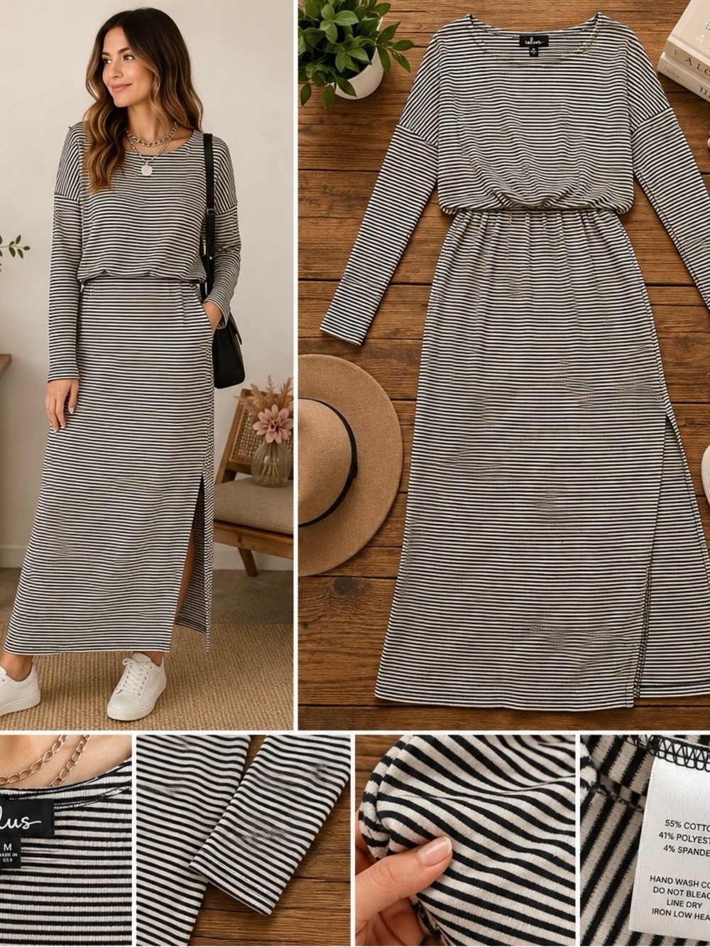 Lulu's Black & White Striped Long Sleeve Maxi with Side Slit